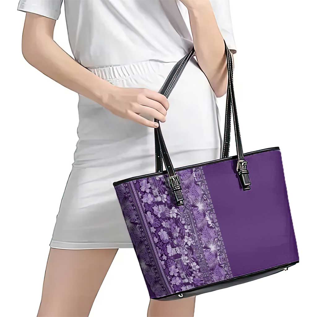 Hawaiian Tribal Elements Hibiscus Leather Tote Bag Purple Pattern - Polynesian Pride