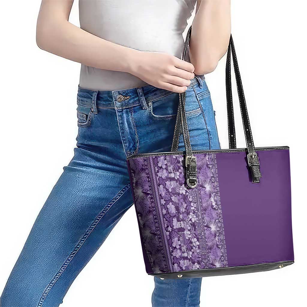 Hawaiian Tribal Elements Hibiscus Leather Tote Bag Purple Pattern - Polynesian Pride