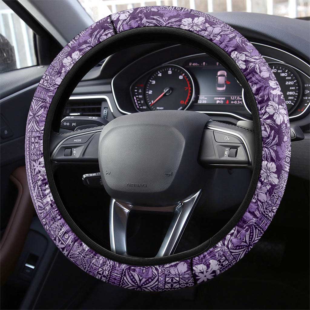 Hawaiian Tribal Elements Hibiscus Steering Wheel Cover Purple Pattern - Polynesian Pride