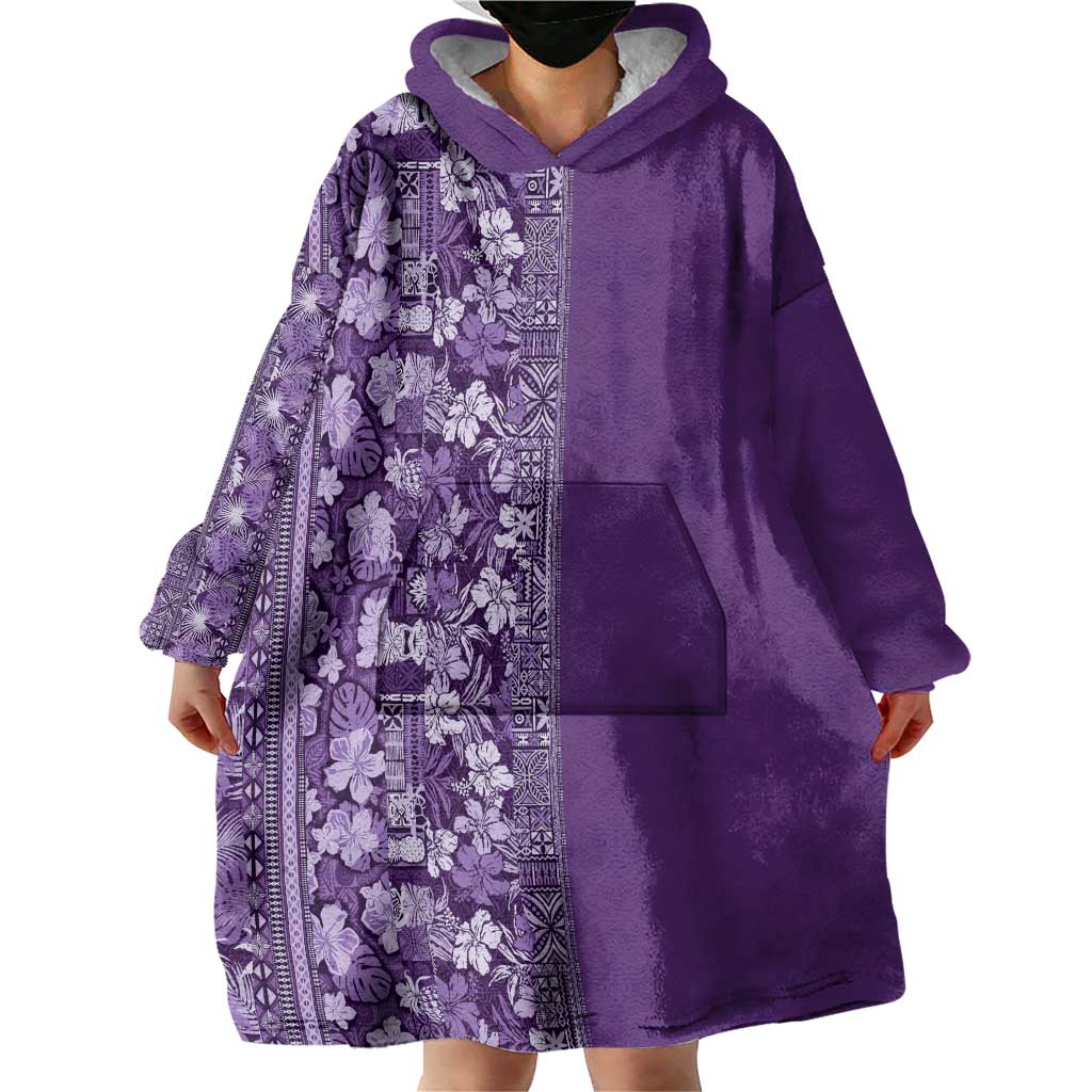 Hawaiian Tribal Elements Hibiscus Wearable Blanket Hoodie Purple Pattern - Polynesian Pride
