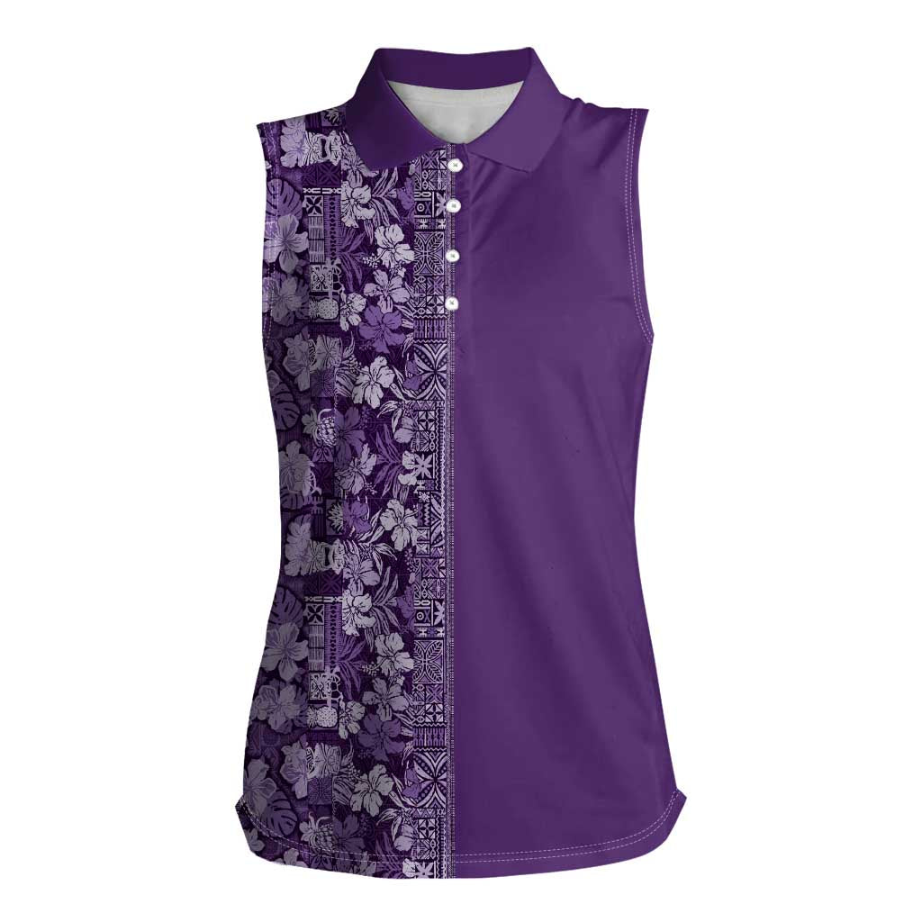 Hawaiian Tribal Elements Hibiscus Women Sleeveless Polo Shirt Purple Pattern - Polynesian Pride