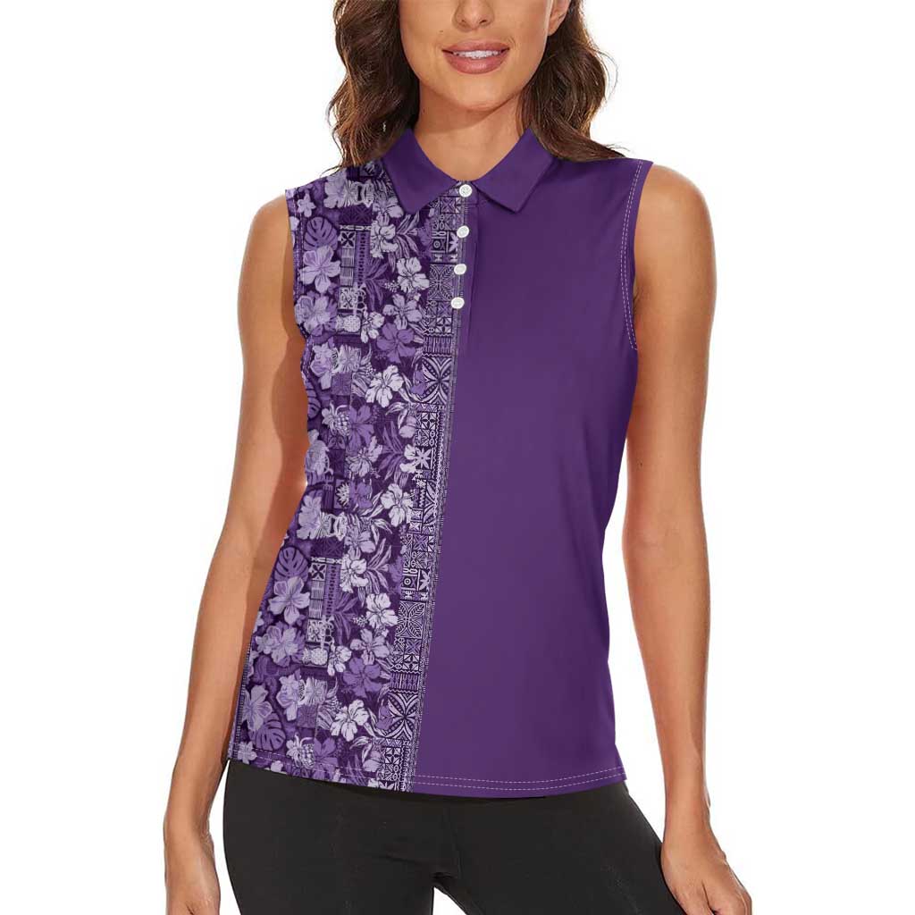 Hawaiian Tribal Elements Hibiscus Women Sleeveless Polo Shirt Purple Pattern - Polynesian Pride
