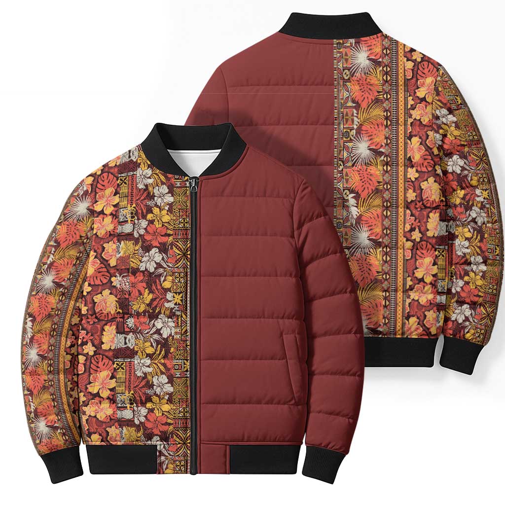 Hawaiian Tribal Elements Hibiscus Bomber Puffer Jacket Red Pattern - Polynesian Pride