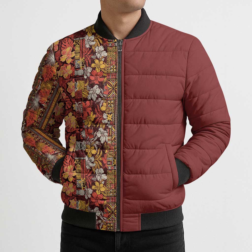 Hawaiian Tribal Elements Hibiscus Bomber Puffer Jacket Red Pattern - Polynesian Pride