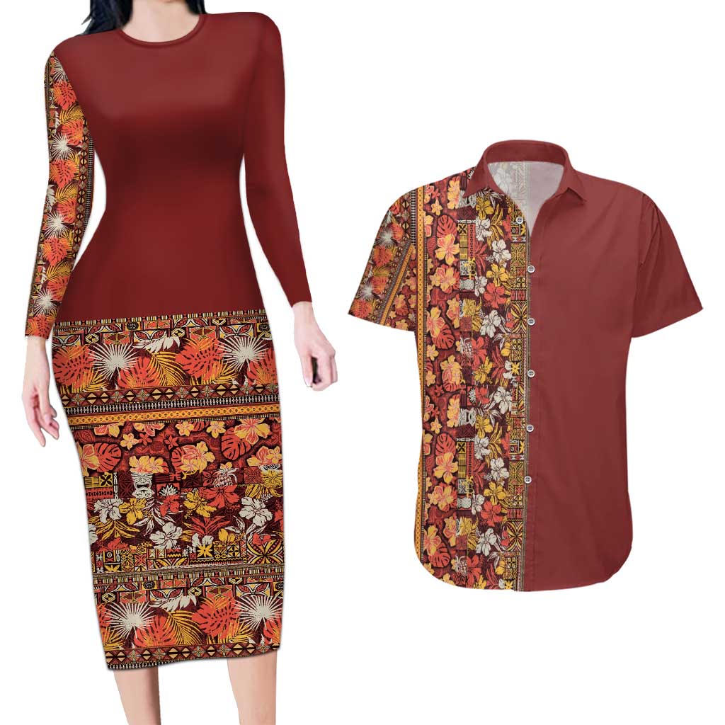 Hawaiian Tribal Elements Hibiscus Couples Matching Long Sleeve Bodycon Dress and Hawaiian Shirt Red Pattern - Polynesian Pride