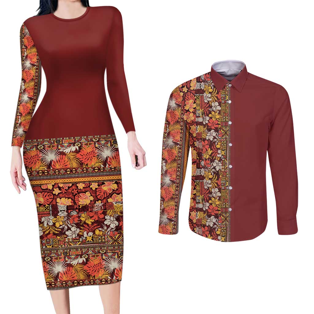 Hawaiian Tribal Elements Hibiscus Couples Matching Long Sleeve Bodycon Dress and Long Sleeve Button Shirt Red Pattern - Polynesian Pride