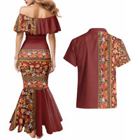 Hawaiian Tribal Elements Hibiscus Couples Matching Mermaid Dress and Hawaiian Shirt Red Pattern - Polynesian Pride