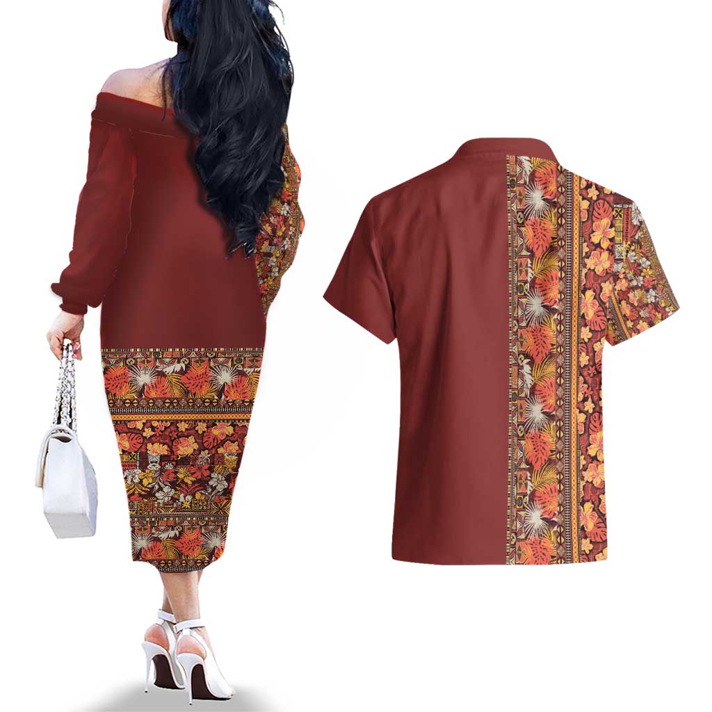 Hawaiian Tribal Elements Hibiscus Couples Matching Off The Shoulder Long Sleeve Dress and Hawaiian Shirt Red Pattern - Polynesian Pride