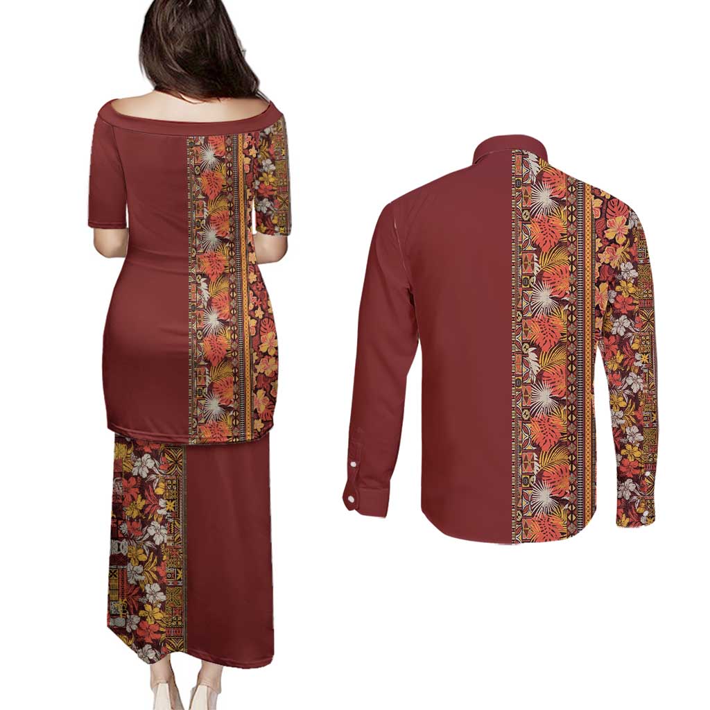 Hawaiian Tribal Elements Hibiscus Couples Matching Puletasi and Long Sleeve Button Shirt Red Pattern - Polynesian Pride