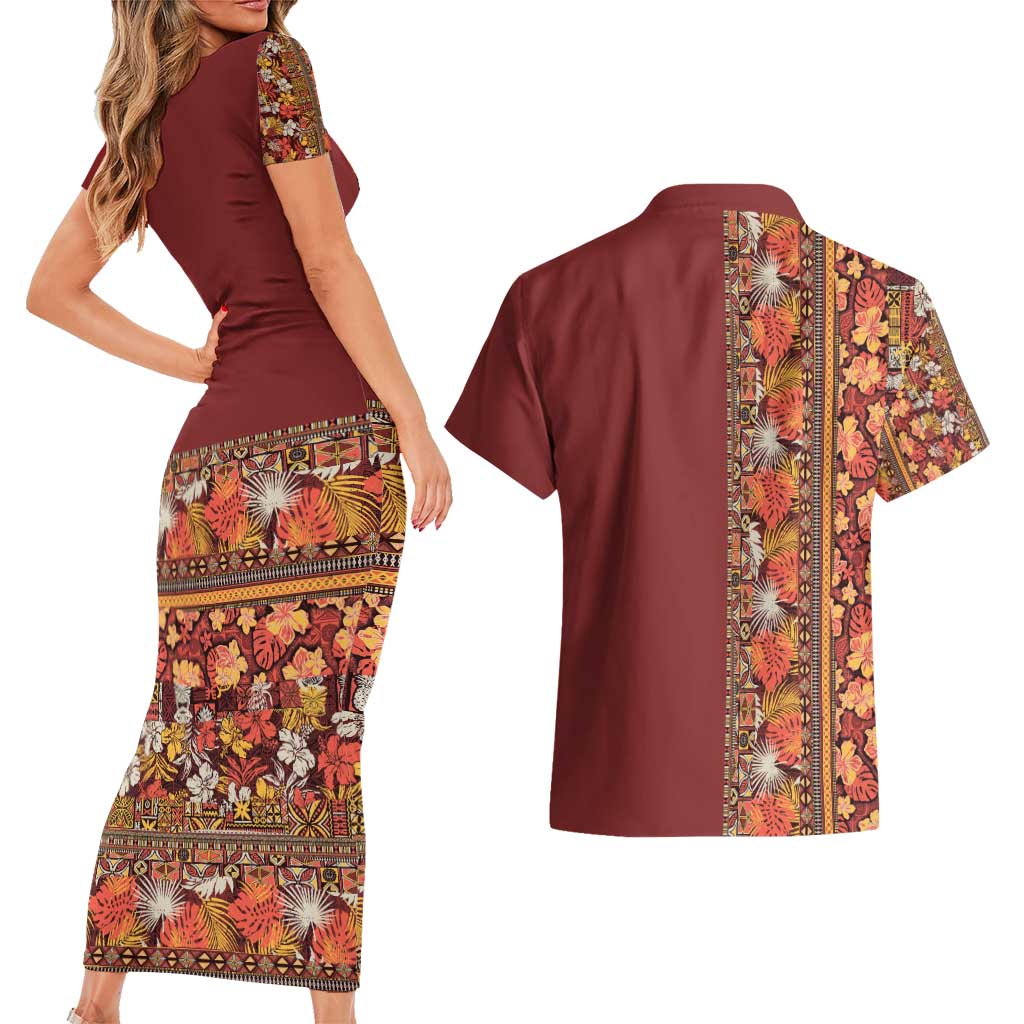 Hawaiian Tribal Elements Hibiscus Couples Matching Short Sleeve Bodycon Dress and Hawaiian Shirt Red Pattern - Polynesian Pride
