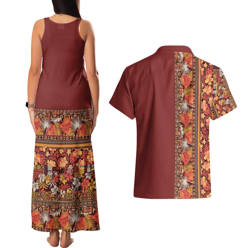 Hawaiian Tribal Elements Hibiscus Couples Matching Tank Maxi Dress and Hawaiian Shirt Red Pattern - Polynesian Pride