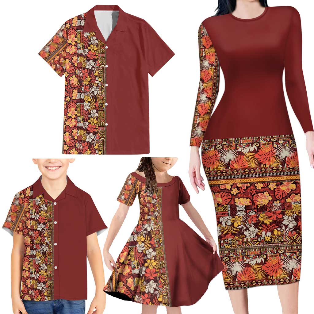 Hawaiian Tribal Elements Hibiscus Family Matching Long Sleeve Bodycon Dress and Hawaiian Shirt Red Pattern - Polynesian Pride