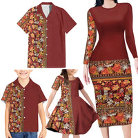 Hawaiian Tribal Elements Hibiscus Family Matching Long Sleeve Bodycon Dress and Hawaiian Shirt Red Pattern - Polynesian Pride