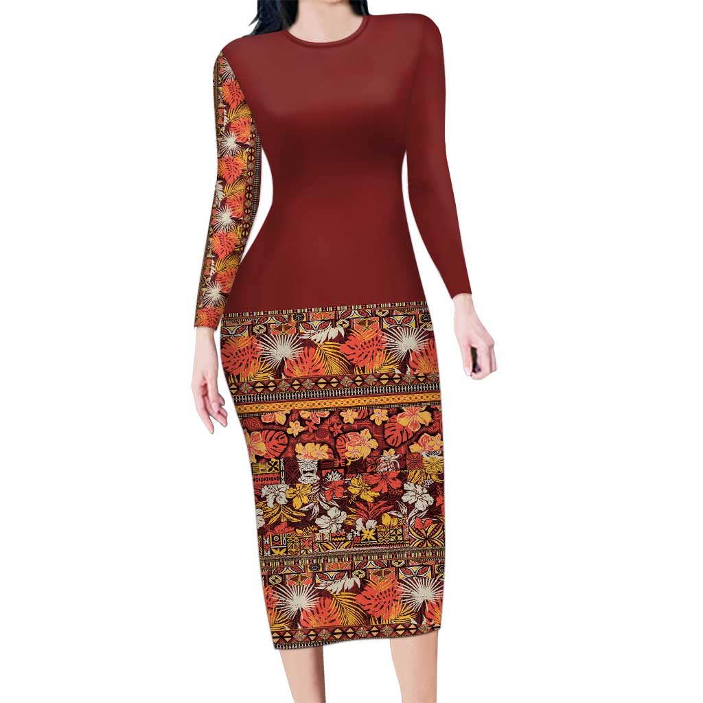 Hawaiian Tribal Elements Hibiscus Family Matching Long Sleeve Bodycon Dress and Hawaiian Shirt Red Pattern - Polynesian Pride