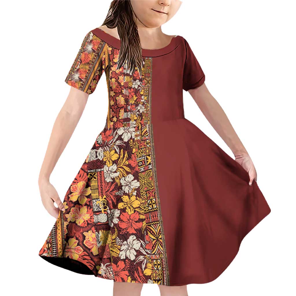Hawaiian Tribal Elements Hibiscus Family Matching Off Shoulder Short Dress and Hawaiian Shirt Red Pattern - Polynesian Pride