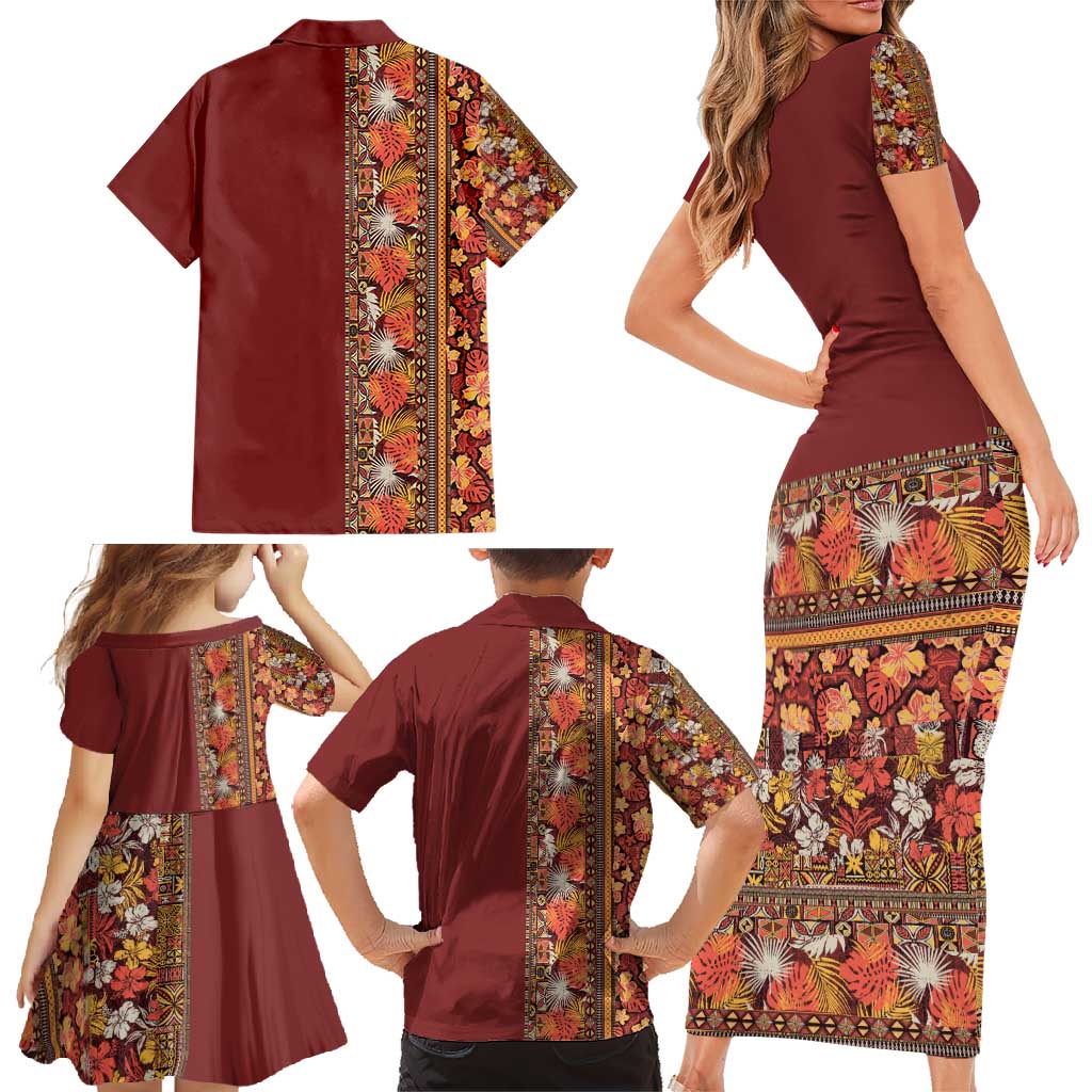 Hawaiian Tribal Elements Hibiscus Family Matching Short Sleeve Bodycon Dress and Hawaiian Shirt Red Pattern - Polynesian Pride