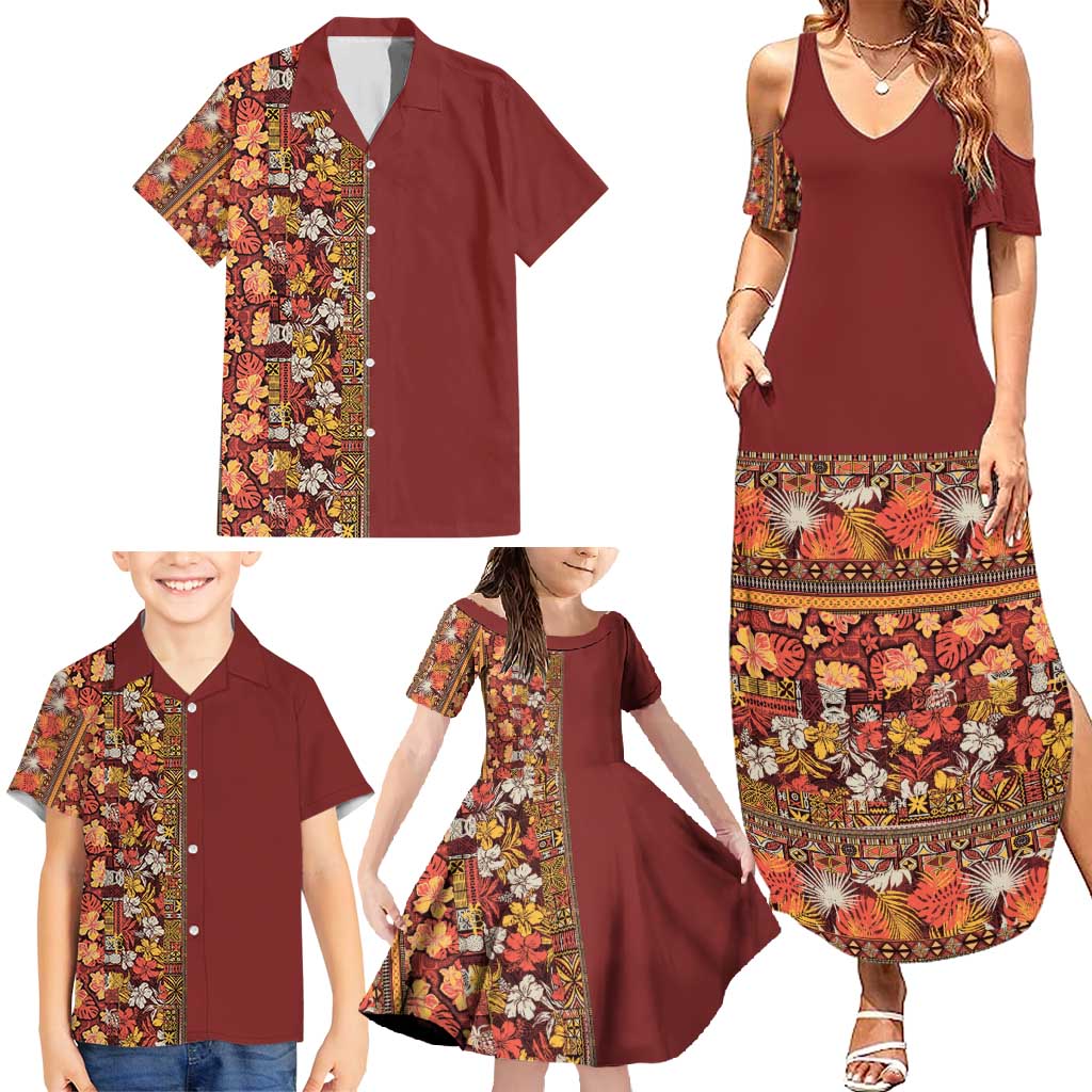 Hawaiian Tribal Elements Hibiscus Family Matching Summer Maxi Dress and Hawaiian Shirt Red Pattern - Polynesian Pride