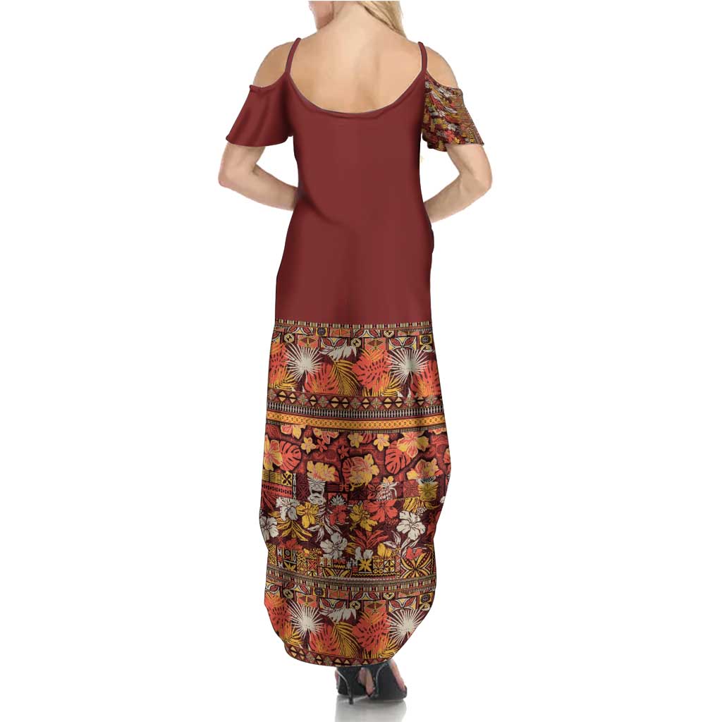 Hawaiian Tribal Elements Hibiscus Family Matching Summer Maxi Dress and Hawaiian Shirt Red Pattern - Polynesian Pride