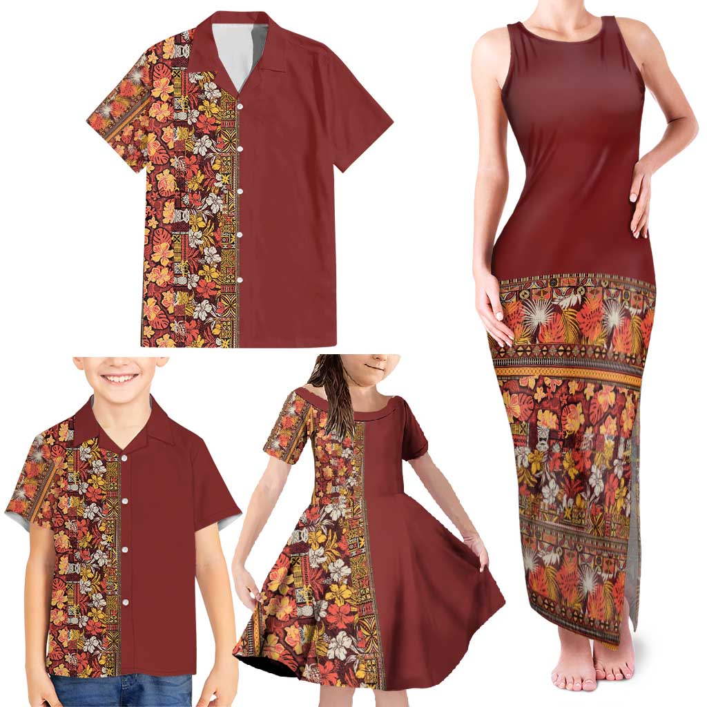 Hawaiian Tribal Elements Hibiscus Family Matching Tank Maxi Dress and Hawaiian Shirt Red Pattern - Polynesian Pride