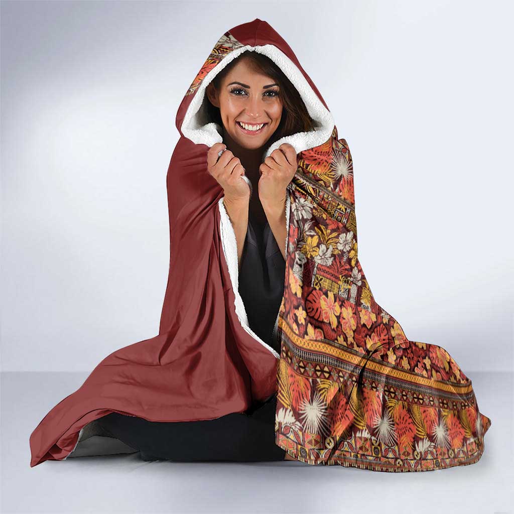 Hawaiian Tribal Elements Hibiscus Hooded Blanket Red Pattern - Polynesian Pride