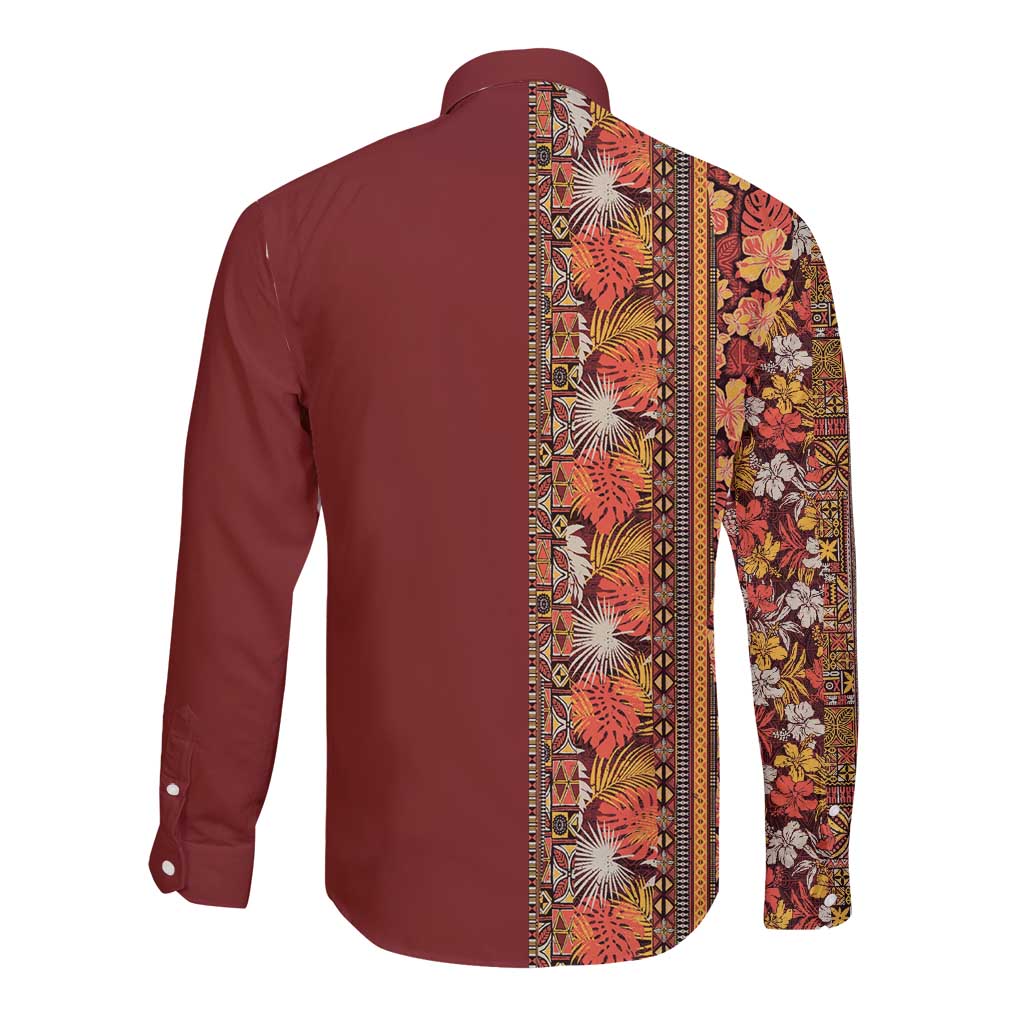 Hawaiian Tribal Elements Hibiscus Long Sleeve Button Shirt Red Pattern - Polynesian Pride