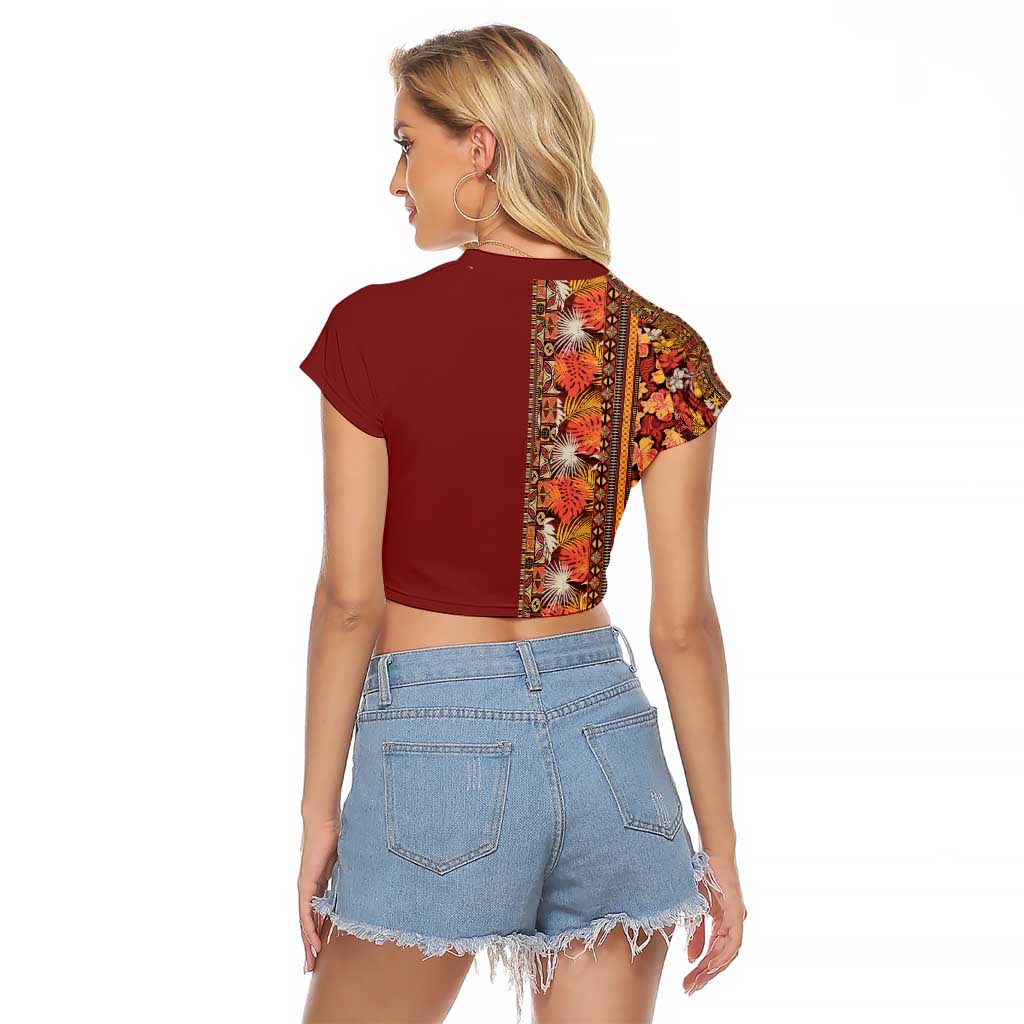 Hawaiian Tribal Elements Hibiscus Raglan Cropped T Shirt Red Pattern - Polynesian Pride