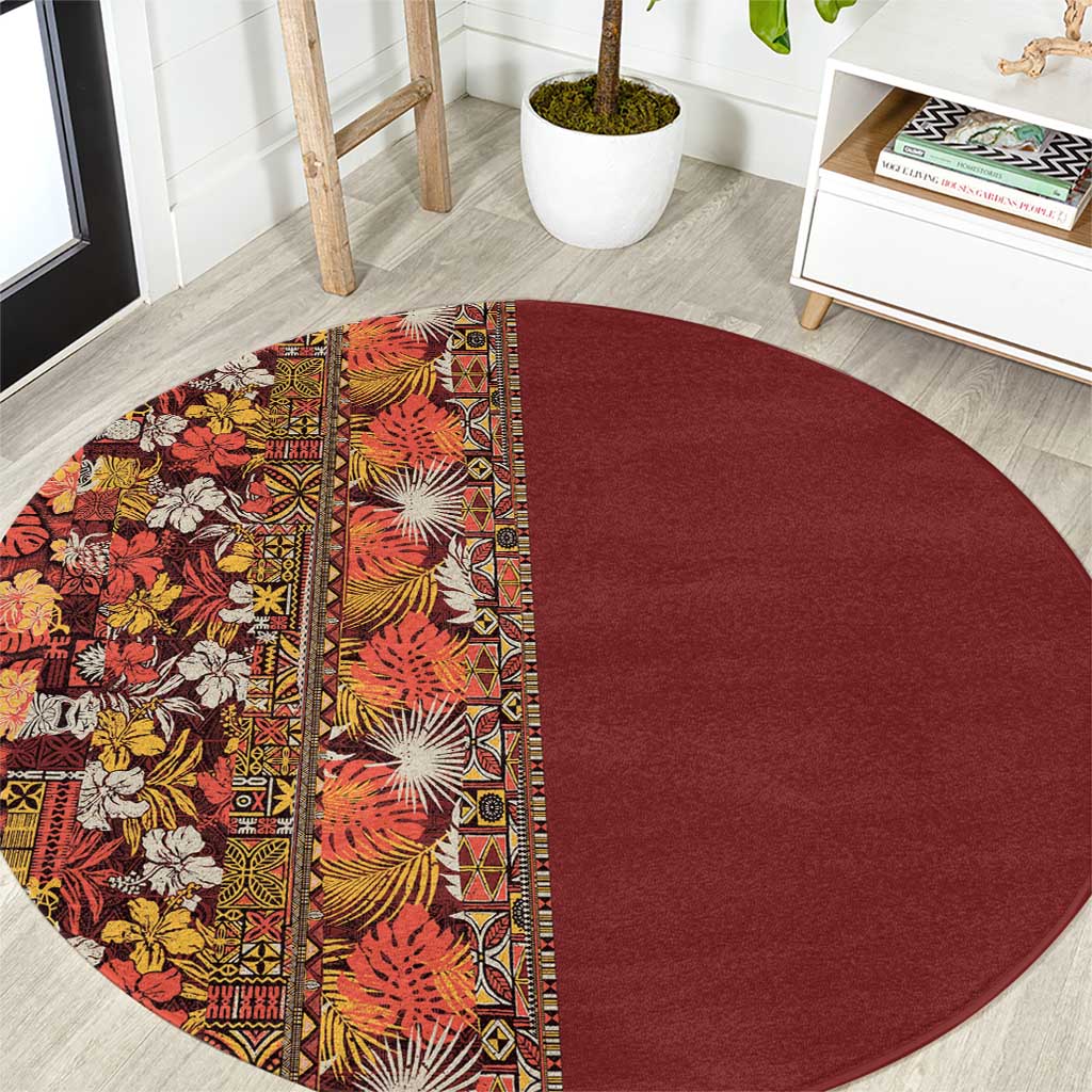 Hawaiian Tribal Elements Hibiscus Round Carpet Red Pattern - Polynesian Pride