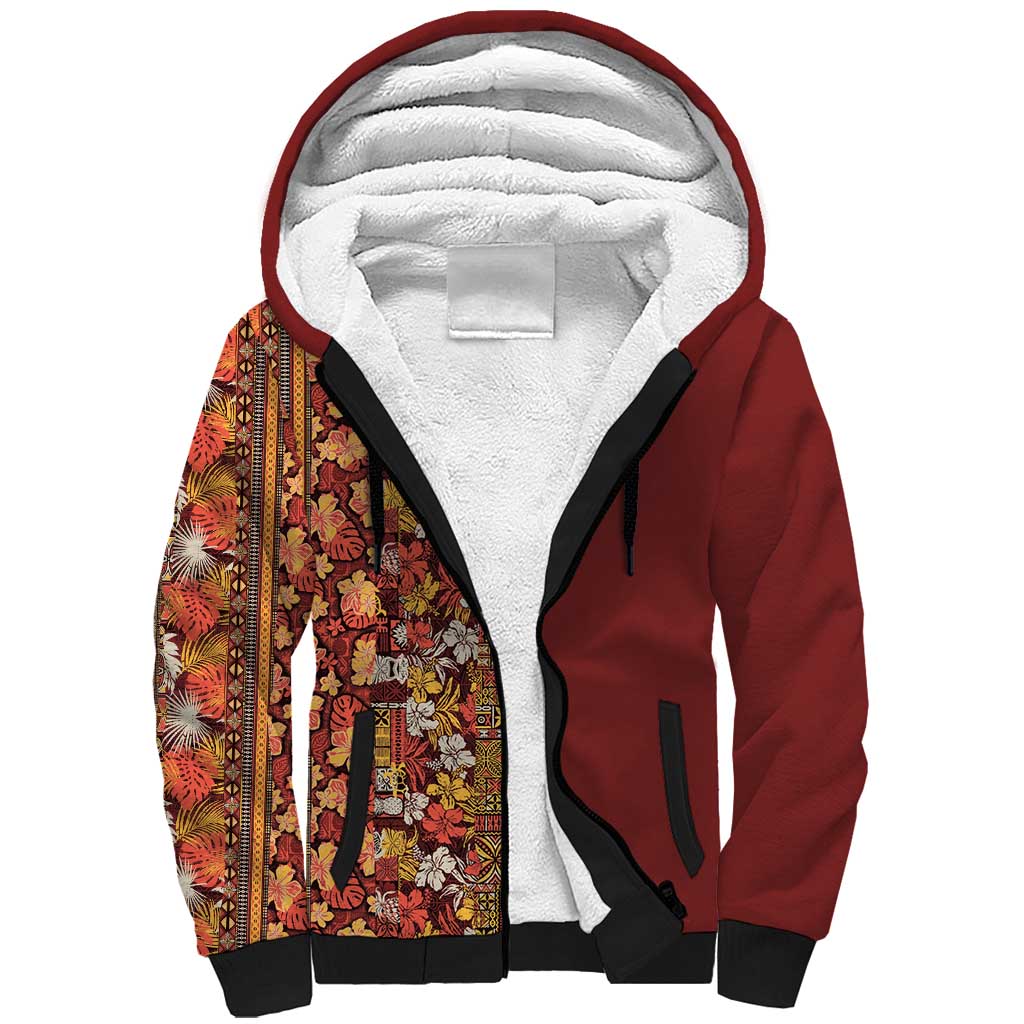 Hawaiian Tribal Elements Hibiscus Sherpa Hoodie Red Pattern - Polynesian Pride