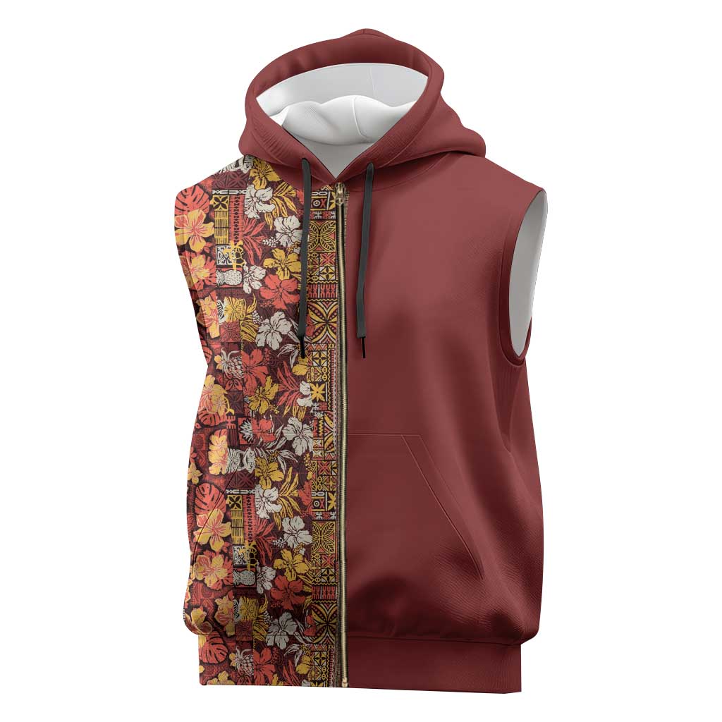 Hawaiian Tribal Elements Hibiscus Sleeveless Zip Hoodie Red Pattern - Polynesian Pride