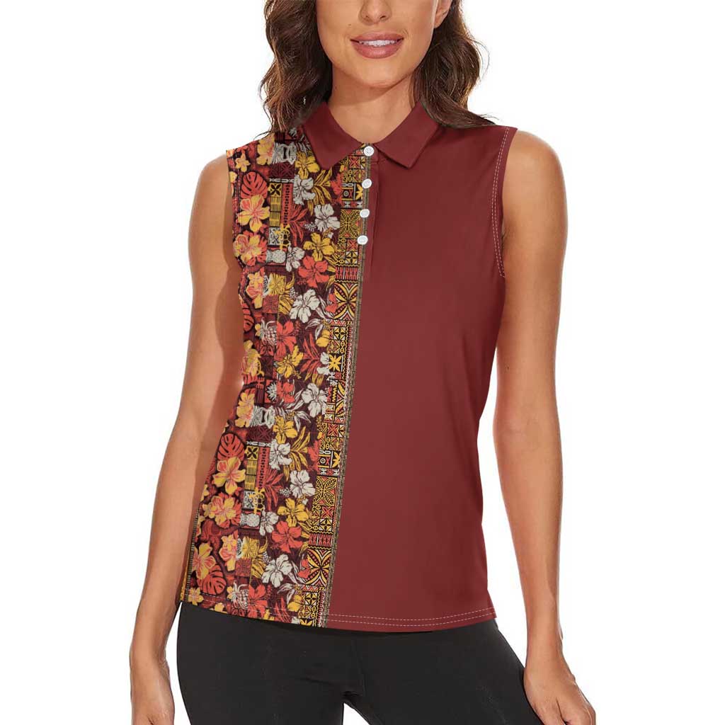 Hawaiian Tribal Elements Hibiscus Women Sleeveless Polo Shirt Red Pattern - Polynesian Pride