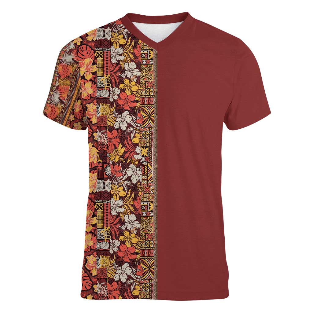 Hawaiian Tribal Elements Hibiscus Women V-Neck T-Shirt Red Pattern - Polynesian Pride