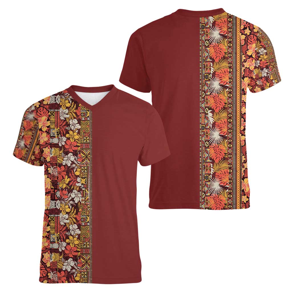 Hawaiian Tribal Elements Hibiscus Women V-Neck T-Shirt Red Pattern - Polynesian Pride