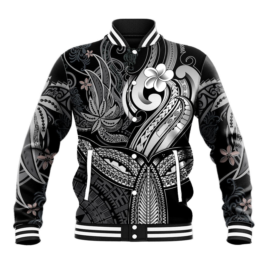 Polynesia Baseball Jacket Whale Tale and Polynesian Sunset Plumeria Black LT9 Unisex Black - Polynesian Pride