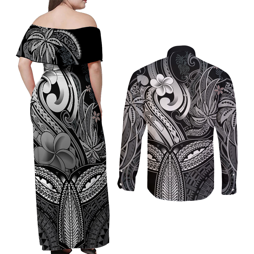 Polynesia Couples Matching Off Shoulder Maxi Dress and Long Sleeve Button Shirts Whale Tale and Polynesian Sunset Plumeria Black LT9 - Polynesian Pride