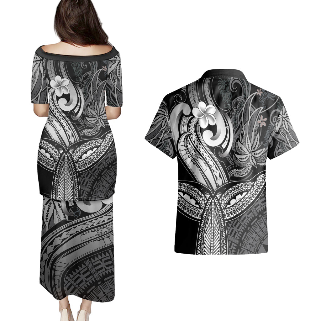 Polynesia Couples Matching Puletasi Dress and Hawaiian Shirt Whale Tale and Polynesian Sunset Plumeria Black LT9 - Polynesian Pride