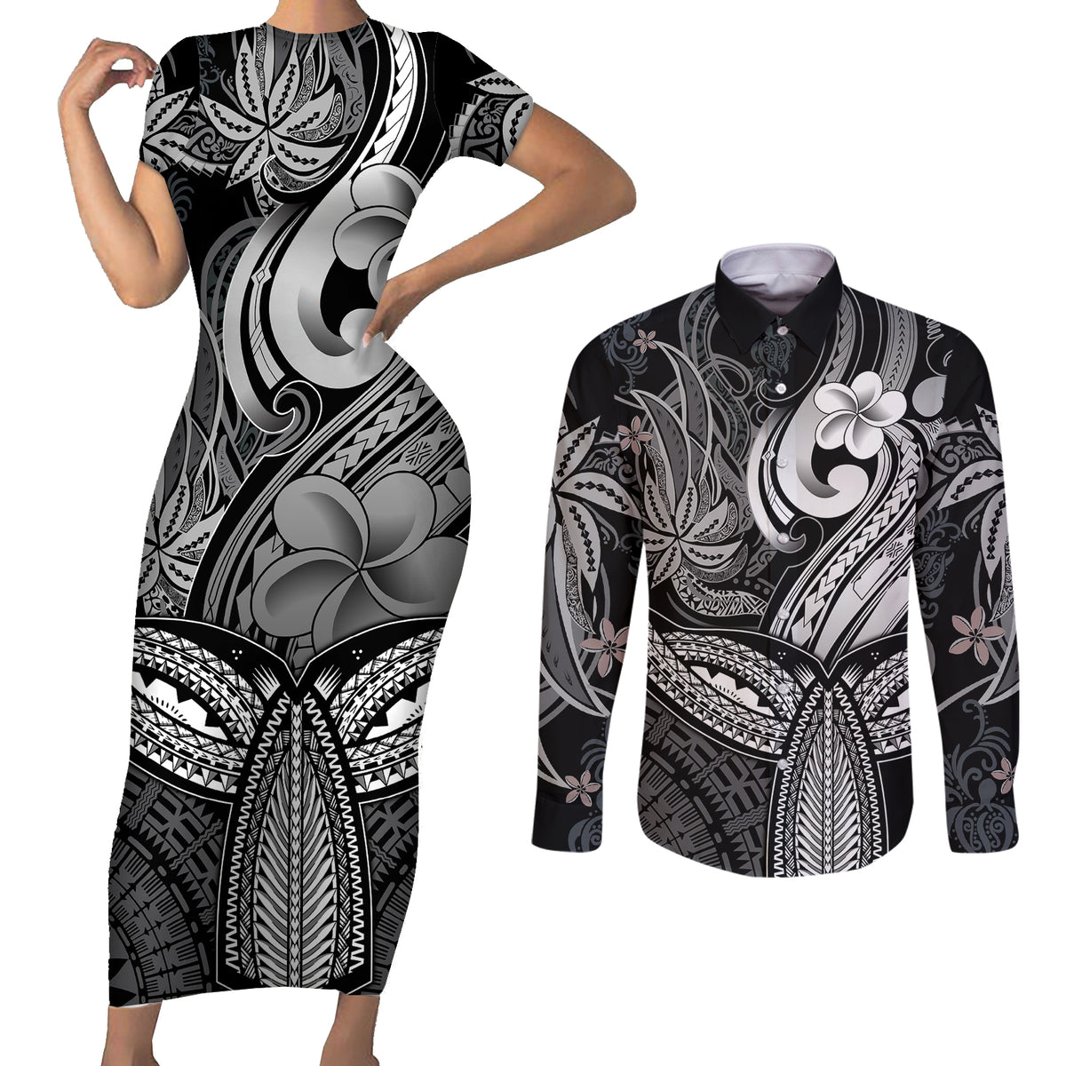 Polynesia Couples Matching Short Sleeve Bodycon Dress and Long Sleeve Button Shirts Whale Tale and Polynesian Sunset Plumeria Black LT9 Black - Polynesian Pride