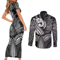 Polynesia Couples Matching Short Sleeve Bodycon Dress and Long Sleeve Button Shirts Whale Tale and Polynesian Sunset Plumeria Black LT9 - Polynesian Pride
