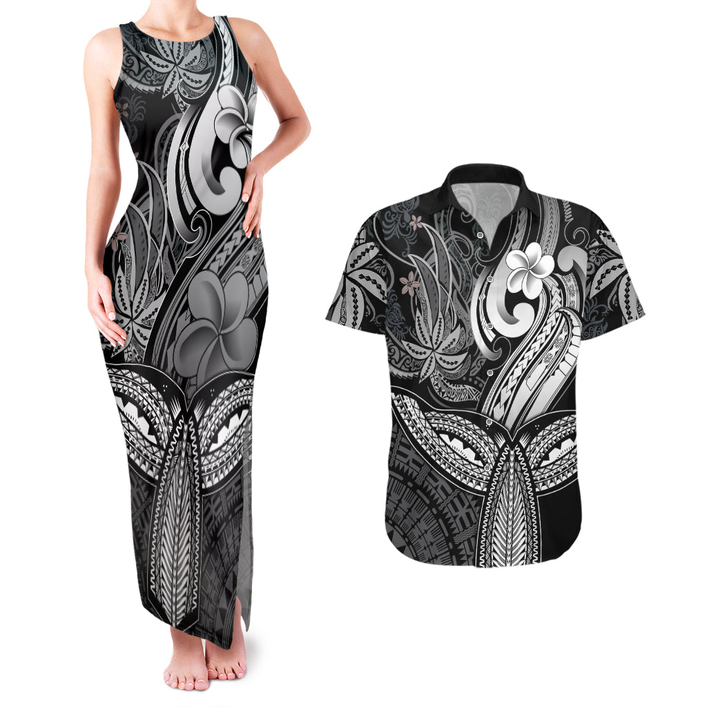Polynesia Couples Matching Tank Maxi Dress and Hawaiian Shirt Whale Tale and Polynesian Sunset Plumeria Black LT9 Black - Polynesian Pride