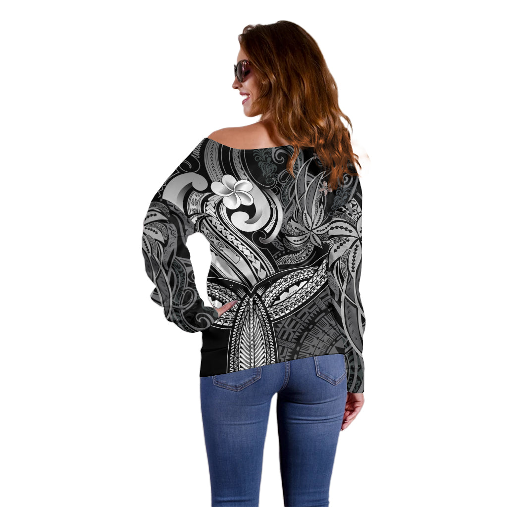 Polynesia Off Shoulder Sweater Whale Tale and Polynesian Sunset Plumeria Black LT9 - Polynesian Pride