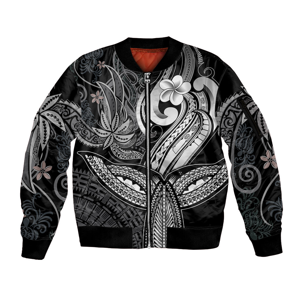 Polynesia Sleeve Zip Bomber Jacket Whale Tale and Polynesian Sunset Plumeria Black LT9 Unisex Black - Polynesian Pride