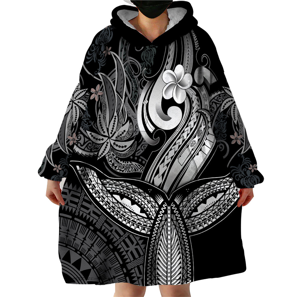 Polynesia Wearable Blanket Hoodie Whale Tale and Polynesian Sunset Plumeria Black LT9 - Polynesian Pride