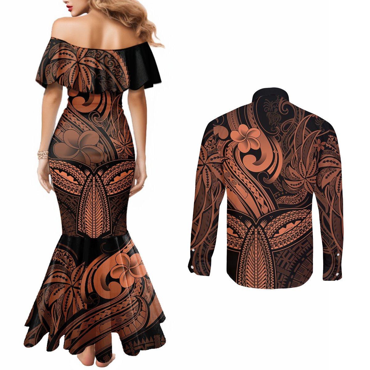 Polynesia Couples Matching Mermaid Dress and Long Sleeve Button Shirts Whale Tale and Polynesian Sunset Plumeria Gold LT9 - Polynesian Pride