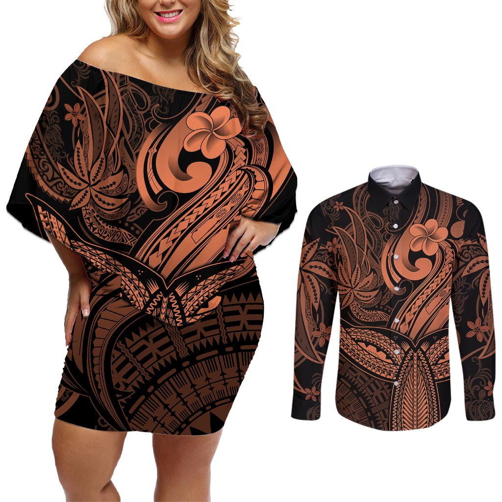 Polynesia Couples Matching Off Shoulder Short Dress and Long Sleeve Button Shirts Whale Tale and Polynesian Sunset Plumeria Gold LT9 Gold - Polynesian Pride
