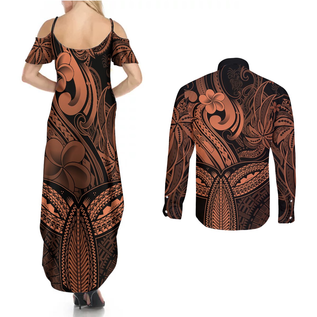 Polynesia Couples Matching Summer Maxi Dress and Long Sleeve Button Shirts Whale Tale and Polynesian Sunset Plumeria Gold LT9 - Polynesian Pride