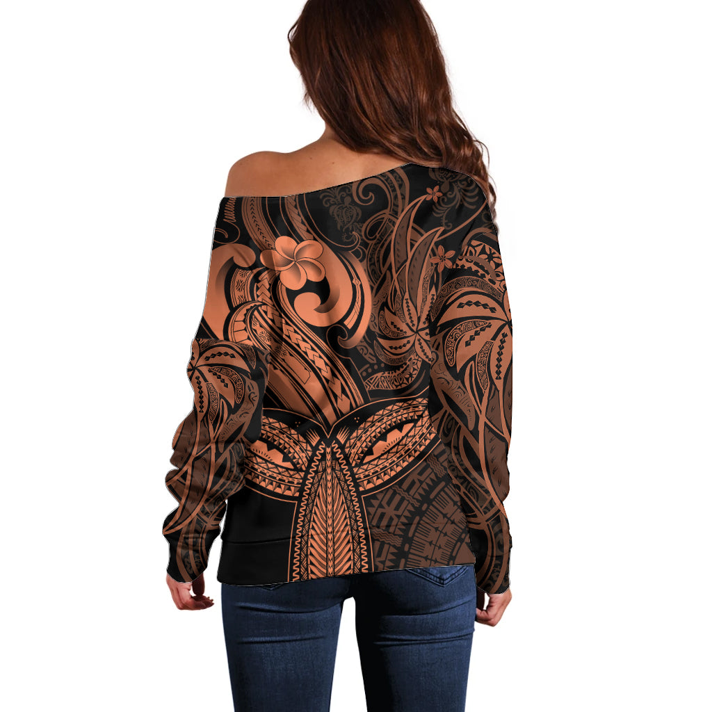 Polynesia Off Shoulder Sweater Whale Tale and Polynesian Sunset Plumeria Gold LT9 - Polynesian Pride