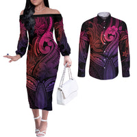 Polynesia Couples Matching Off The Shoulder Long Sleeve Dress and Long Sleeve Button Shirts Whale Tale and Polynesian Sunset Plumeria Pink LT9 Pink - Polynesian Pride