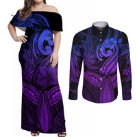 Polynesia Couples Matching Off Shoulder Maxi Dress and Long Sleeve Button Shirts Whale Tale and Polynesian Sunset Plumeria Purple LT9 Purple - Polynesian Pride