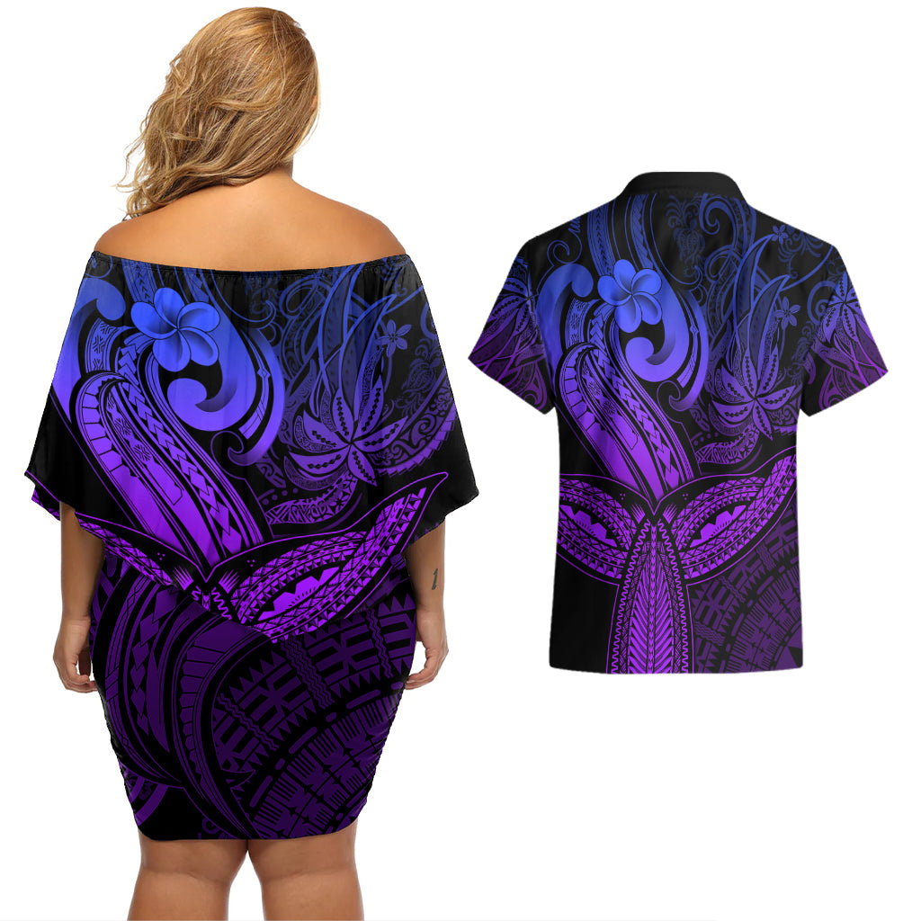 Polynesia Couples Matching Off Shoulder Short Dress and Hawaiian Shirt Whale Tale and Polynesian Sunset Plumeria Purple LT9 - Polynesian Pride