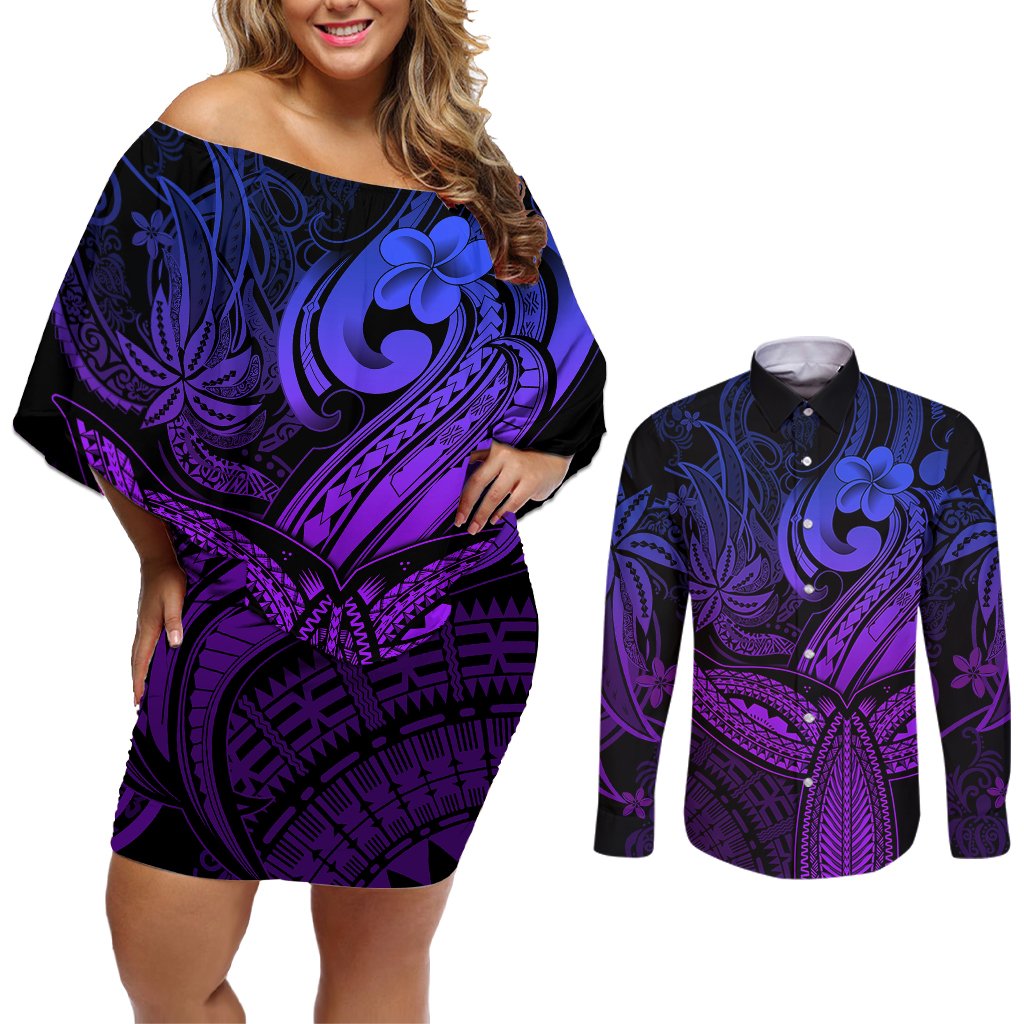 Polynesia Couples Matching Off Shoulder Short Dress and Long Sleeve Button Shirts Whale Tale and Polynesian Sunset Plumeria Purple LT9 Purple - Polynesian Pride