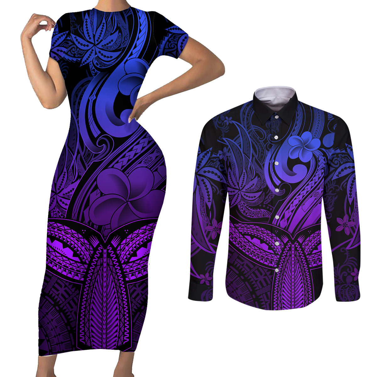 Polynesia Couples Matching Short Sleeve Bodycon Dress and Long Sleeve Button Shirts Whale Tale and Polynesian Sunset Plumeria Purple LT9 Purple - Polynesian Pride